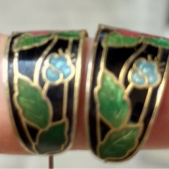 Vintage Cloisonné Black Butterfly Floral Earrings - Picture 3 of 12